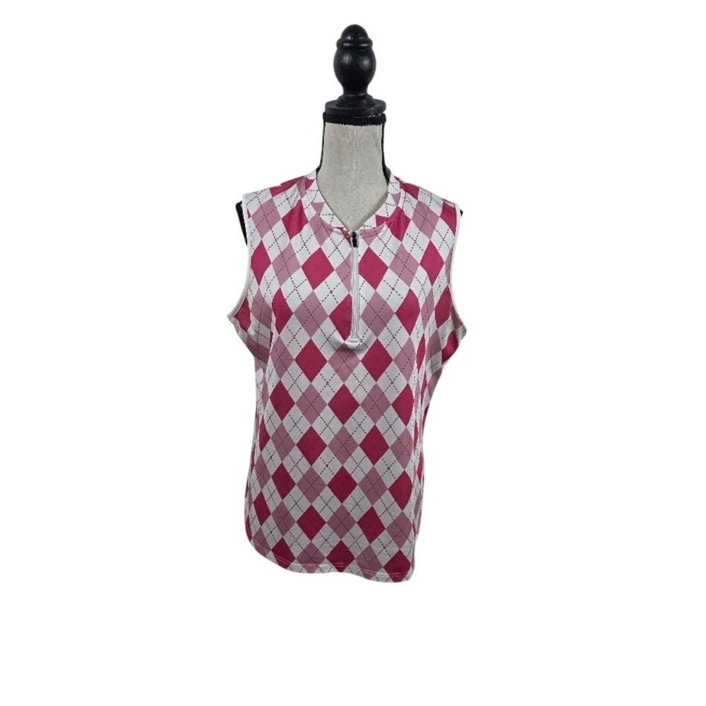 MoFiz Golf Polo Women Large Pink Argyle Sleeveless Collared Quarter Zip Top
